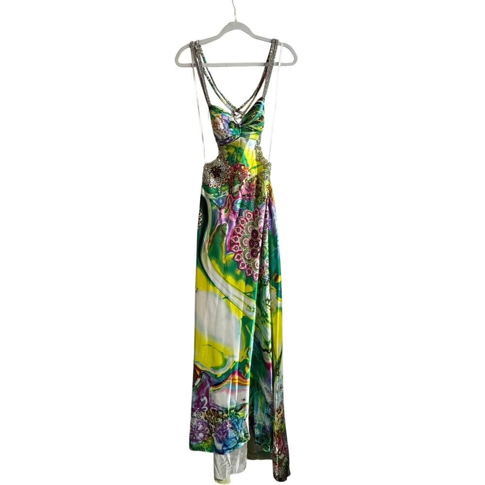 Camille Gown Maxi Dress Women's 0 Multicolor Cut-Out Back Beaded Double Strap